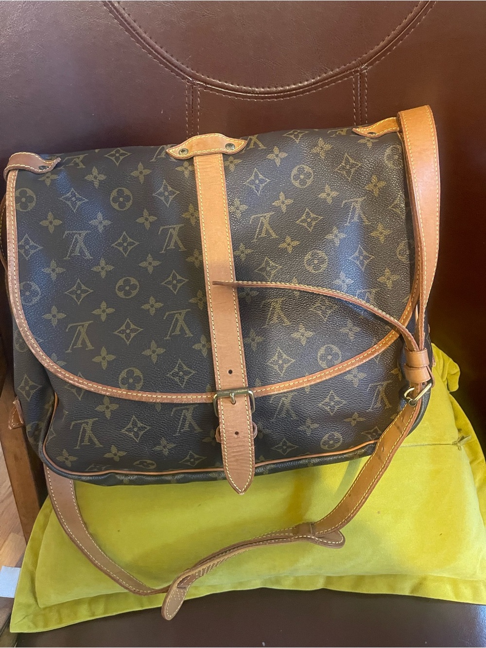 Louis Vuitton Monogram Canvas Saumur Crossbody Shoulder Bag with Tan Trim